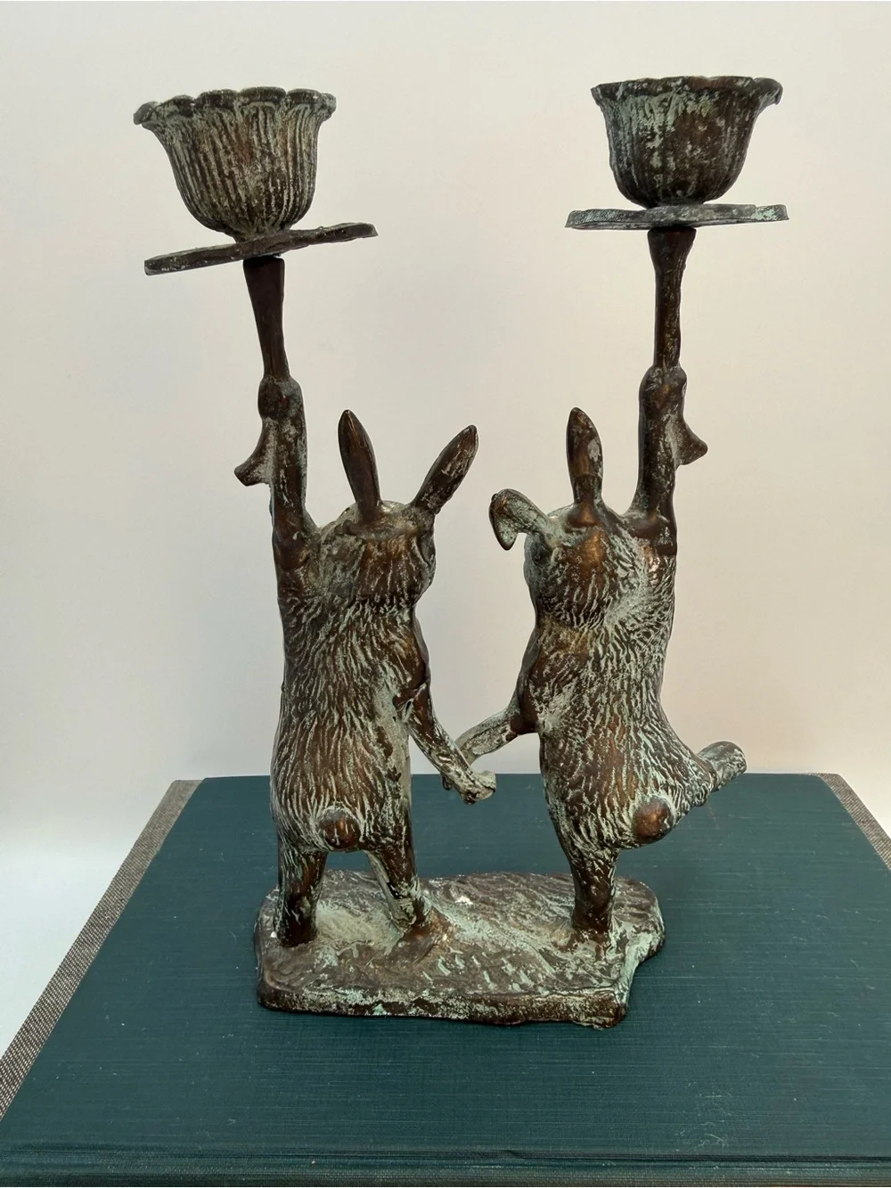 Vintage Bronze with Verdigris Rabbit Candlestick Holders